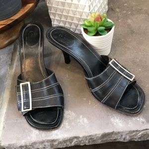 Coach sandals heels black silver buckle mule style